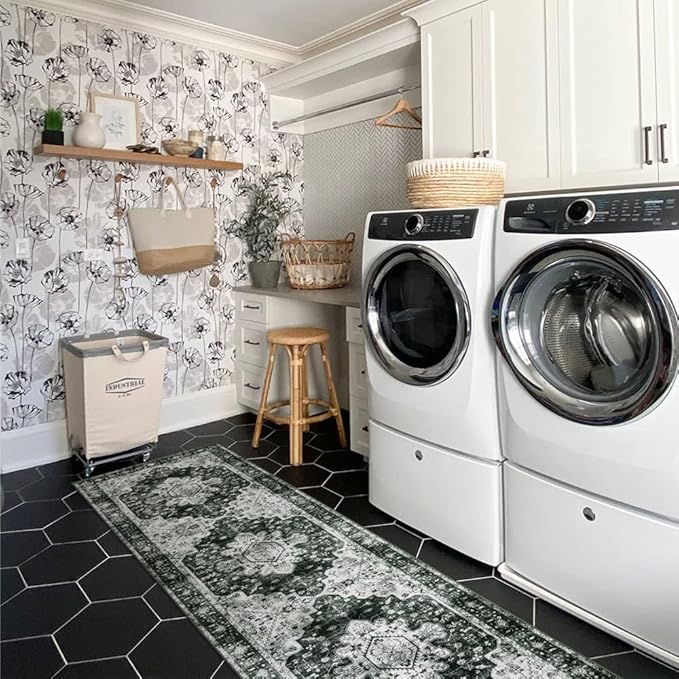 Moynesa Ultra-Thin Washable Vintage Runner Rug - 2'6"x8 Hallway Runner Non-Slip Non-Shedding Stain Resistant Kitchen Mat Boho Oriental Medallion Laundry Carpet for Entrance Bedside, Black/White