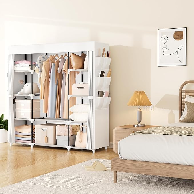 VTRIN Portable Closet Wardrobe for Hanging Clothes 57.3 Inch Large Capacity Clothes Rack with Cover, 10 Storage Organizer Shelves, 1 Hanging Rods and 6 Pockets, Free Standing Closet, White