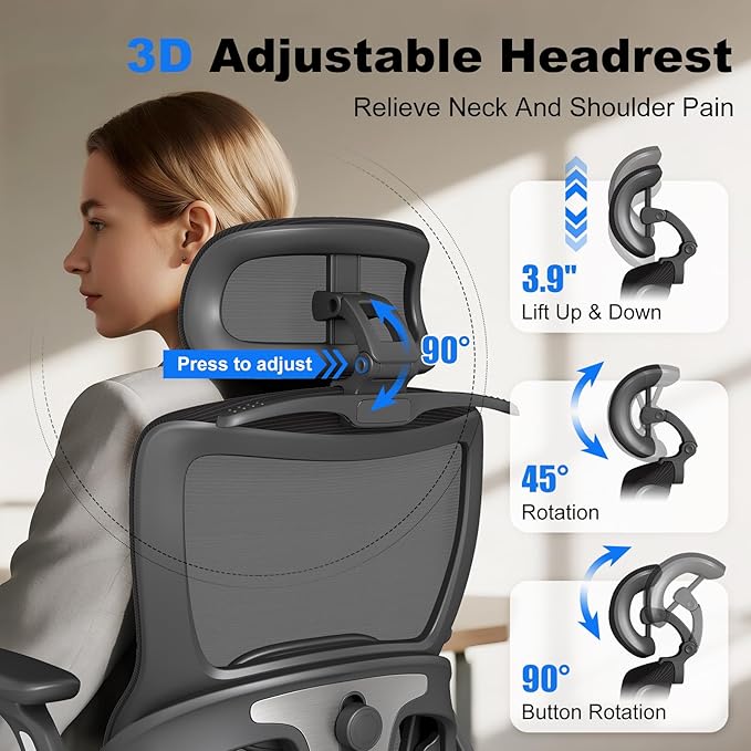 ZZH Ergonomic Office Chair, High Back Home Desk Chair with Adjustable Lumbar Support, Headrest, Flip-Up Arms, 90-135° Tilt Lock and Wide Cushion, Big and Tall Mesh Computer Seating with Wheels