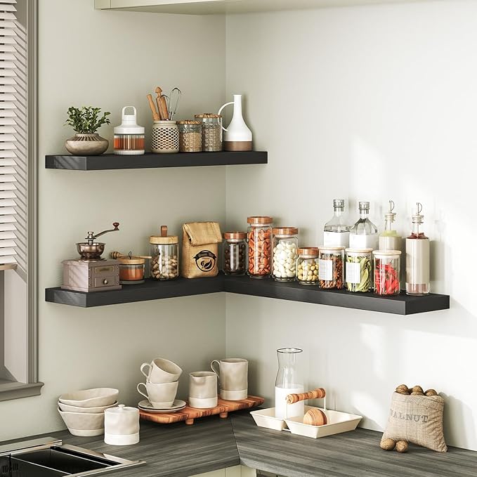 Floating Shelves for Wall, 1.5" Thick Wall Shelf Set of 3 with Invisible Brackets, 23.6L x 7.9W Hanging Book Shelves Farmhouse Home Decor for Bathroom, Living Room, Bedroom, Black 6301BJP3BK