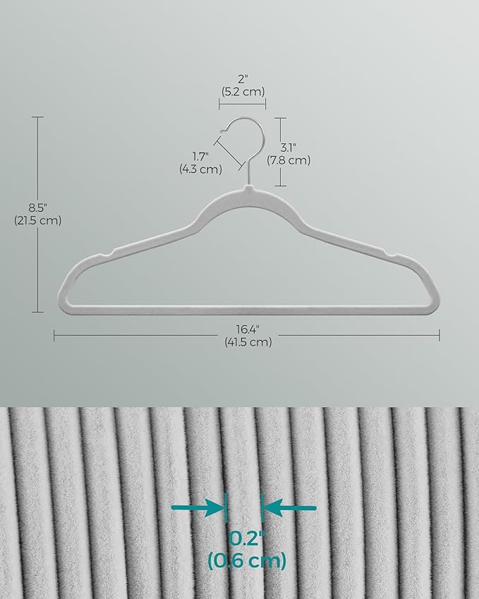 SONGMICS Velvet Hangers 100 Pack, Non-Slip Clothes Hangers with Silver-Colored Swivel Hooks, Slim Space-Saving for Closet, Heavy-Duty, Dove Gray UCRF026GD03S