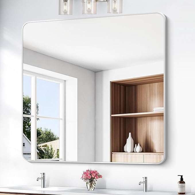BONEWEI Silver Bathroom Mirror,48x48 inch Wall Mirror for Bathroom Wall Mounted,Rectangle Mirror for Bathroom Over Sink,Modern Frame Round Corner for Living Room,Bedroom Entryway,Horizontal/Vertical