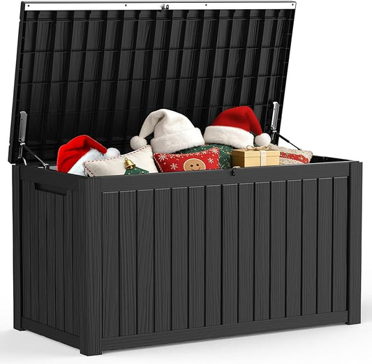180 Gallon Outdoor Storage Box, Waterproof Deck Box with Handles and Lockable Lid, Resin Patio Storage Box with Hydraulic Rods for Garden Tools, Cushions, Black