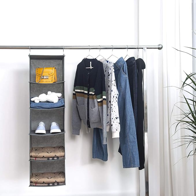 5 Shelves Hanging Closet Organizer, 2 Pack Hanging Storage with 6 Side Pockets for Clothes Bags, 43"x12"x12"(Gray)