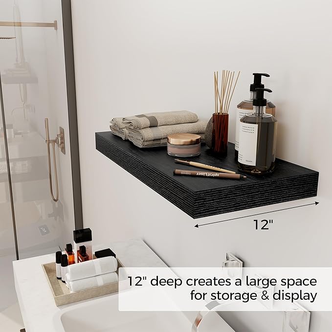 12 Inch Deep Black Floating Shelves, 24 x 12 Floating Shelf for Books, Rustic Wood Deep Wall Shelves for Home Storage & Display, 2" Thicked Shelves for Kitchen, Living Room, Bedroom, 2 Pack