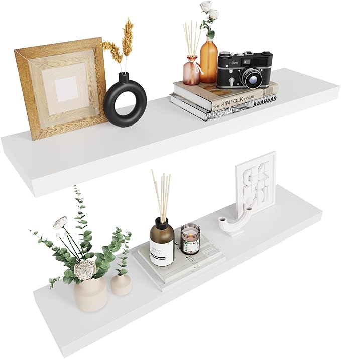 Colima Bathroom Floating Shelves for Wall, 36" Floating Wall Mounted Shelf, Rustic Wood Storage Hanging Shelf for Home Organization, Bathroom, Kitchen, Living Room (Set of 2, White)