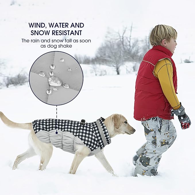 FUAMEY Dog Coat for Large Dogs,Waterproof Dog Winter Jacket with Harness Built in Puppy Cold Weather Coats Reflective Pet Vest with Zipper Warm Fleece Dogs Snowsuit Windproof Checkerboard XL