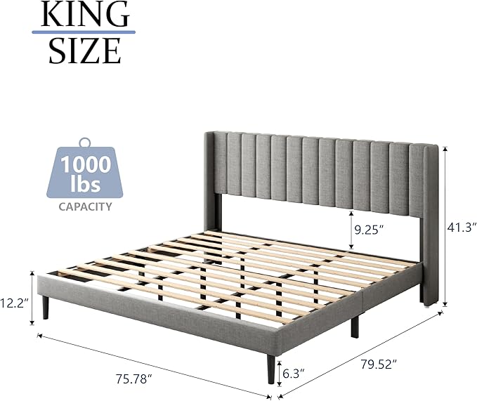 King Size Bed Frame with Wingback Headboard, Upholstered Platform Bed, No Box Spring Needed, Sturdy Wooden Slat Support, Easy Assembly, Light Gray