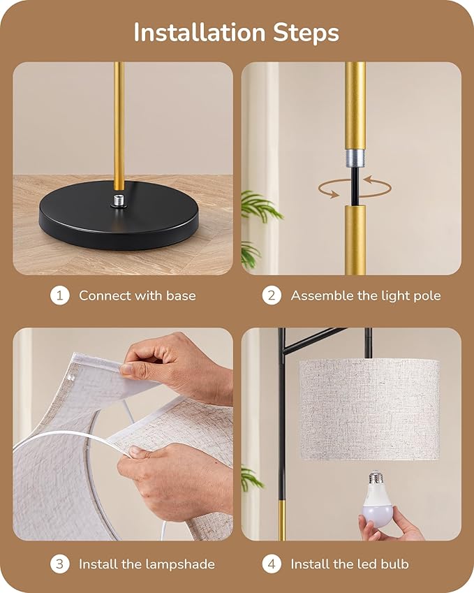 EDISHINE Modern Floor Lamps for Living Room, 64.7" Minimalist Standing Lamp with 3 Color Temperatures Bulb & Adjustable Linen Shade, Foot Pedal Switch, Arc Tall Lamp for Bedroom Office, Black Gold