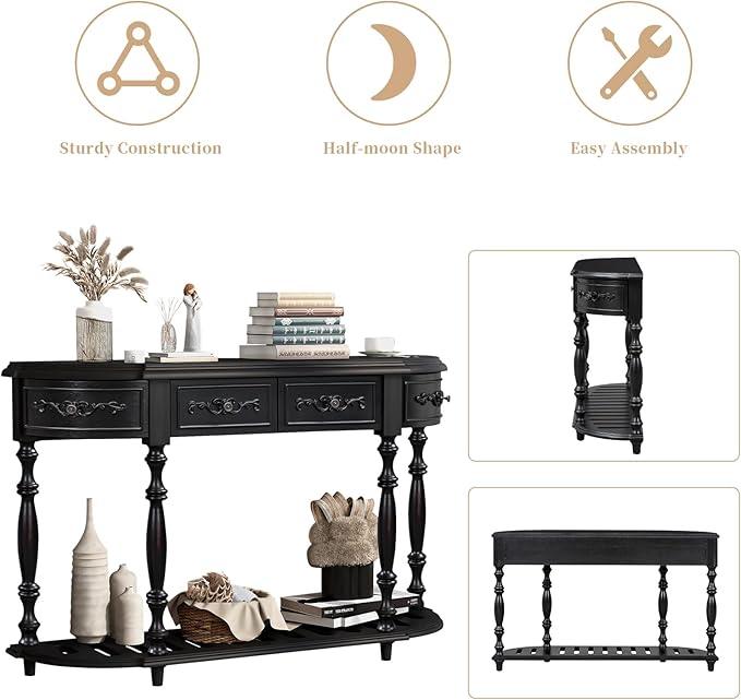 HMFULE Retro Curved Console Table, 52" Solid Wood Half Moon Console Table Sofa Table with 4 Drawers 1 Open Shelf for Living Room,Entryway,Hallway,Black
