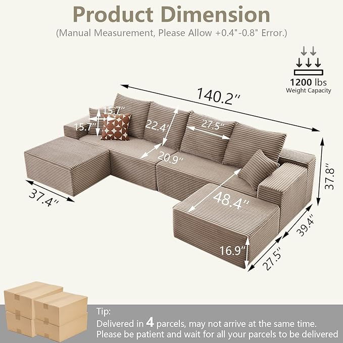 140" Sectional Cloud Couch for Living Room, Stupendous U Shaped Sofas, Modular Floor Deep-Seat Sofa, Big Comfy Corduroy Couches Set with Fluffy Memory Foam, No Assembly Required, Camel