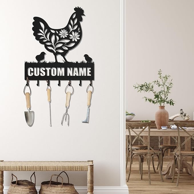 Personalized Key Holder for Wall, Custom Metal Chicken Key Hooks with Name, Meta Jacket Holder Hooks Organizer Rack, Jacket Hanger Decor for Kitchen, Entryway, Hallway, Office, Doorway