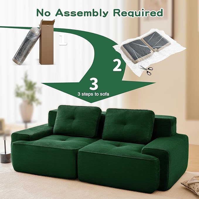 80" Modern Corduroy Boneless Love Seat Couches, 2 Seater Large Sectional Couches for Living Room, Green Cloud Modular Sectional Sofa, Memory Foam, Extra Deep Loveseat, No Assembly