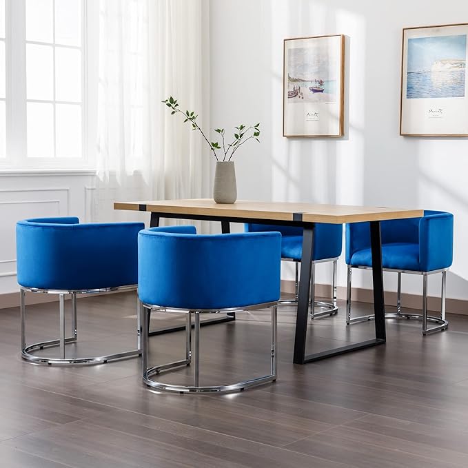 Velvet Dining Chairs Set of 8 Modern Barrel Arm Chairs with Chrome Metal Frame, Upholstered Kitchen Chairs 18.5" Wide Accent Chairs for Living Room Dining Room Restaurant, Blue