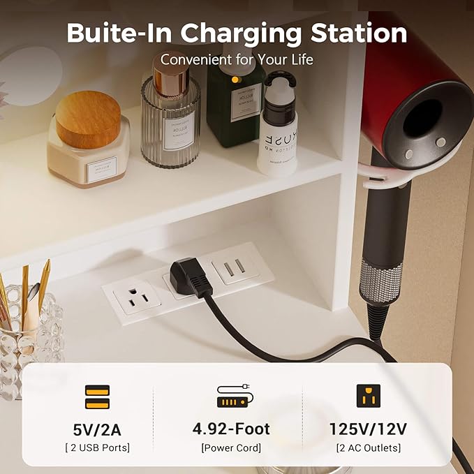 COMHOMA Vanity Desk with Lighted Mirror and Power Outlet, RGB LED Lights Makeup Vanity Set for Girls, Large Storage Capacity Dressing Table for Bedroom, 3 Lighting Modes Adjustable Brightness, White