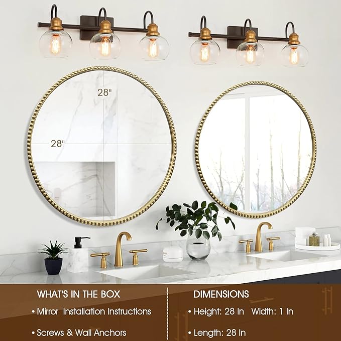 Round Bathroom Wall Mirror, 28"x28" Antique Gold Metal Beaded Frame Vanity Mirror, Wall Mounted Large Circle Makeup Mirror for Bedroom, Living Room, Entryway