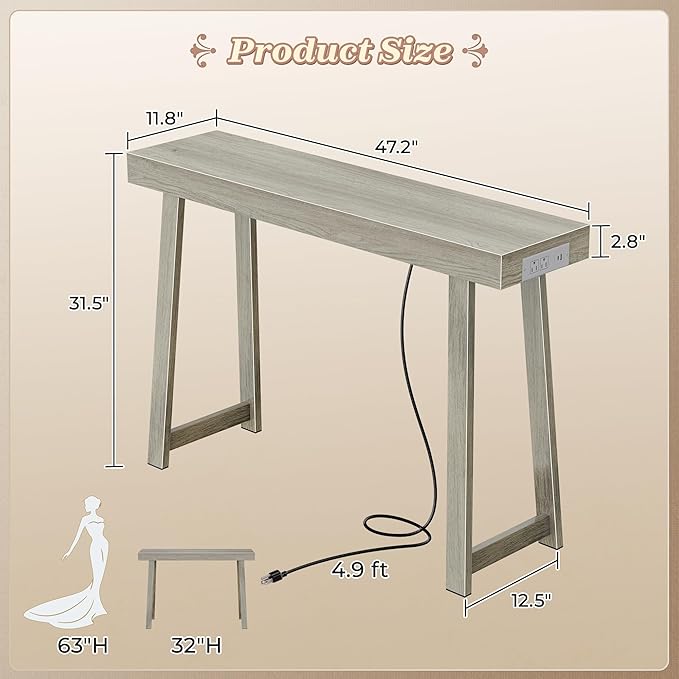 Huuger Entryway Console Table with Charging Station, USB-C Port, 47.2 Inch Sofa Table with Metal Legs, Entry Hallway Table with Thicker Desktop, Modern Behind Couch Table, Grey