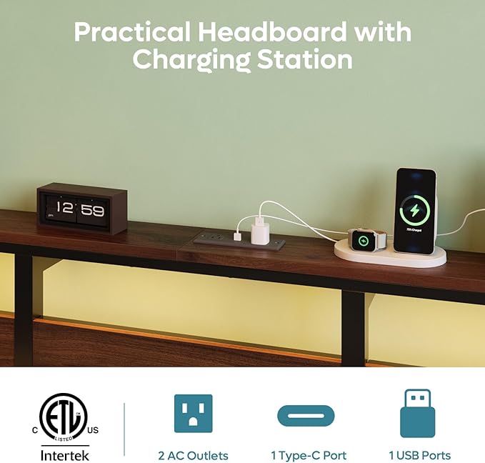 Bestier King Bed Frame with Storage Headboard and Charging Station, Walnut Platform Bed Frame with LED Light, Non-Slip Metal Bed Frame, Noise-Free, Easy Assembly,Brown