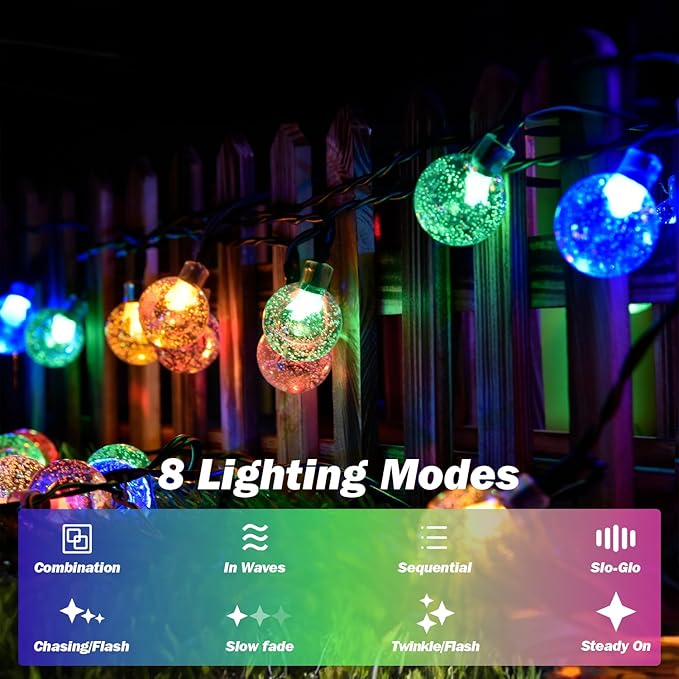Solar Lights Outdoor Waterproof, 2 Pack Total 120LED 72FT Solar String Lights for Outside with 8 Modes, Outdoor String Lights Crystal Globe Patio Lights for Garden Yard Party Decor (Multicolor)