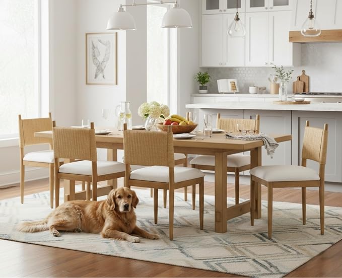 CIMOTA Modern Dining Chairs Set of 2, Mid Century Upholstered Dining Room Chairs with Woven Back, Armless Kitchen Chairs with Natural Solid Wood Legs, Linen Beige