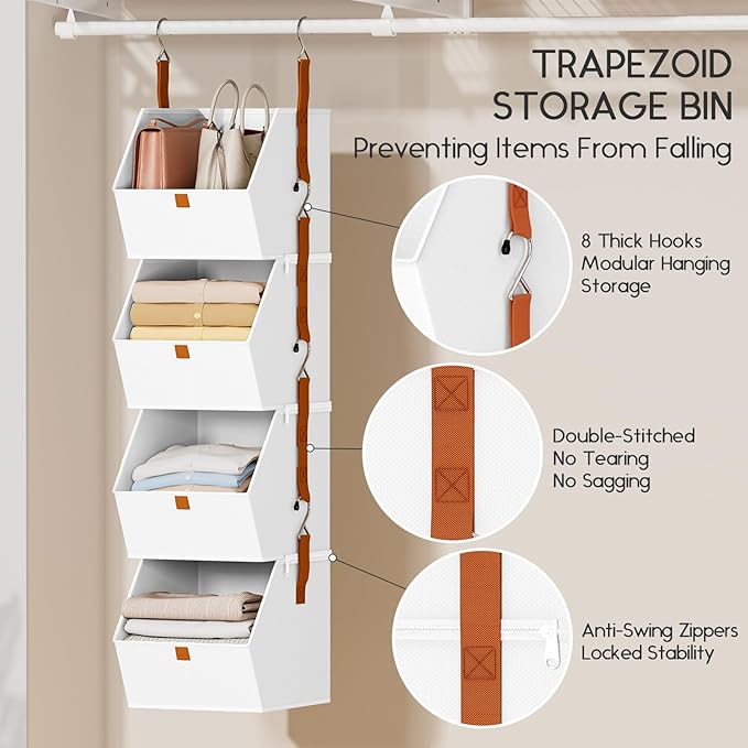 Hanging Closet Organizer 4 Tier - Clothes Hanging Shelves, Space-Saving Closet System, Fabric Storage Bins Bedroom Organization, Collapsible Baskets for Home, Dorm, Rv, White
