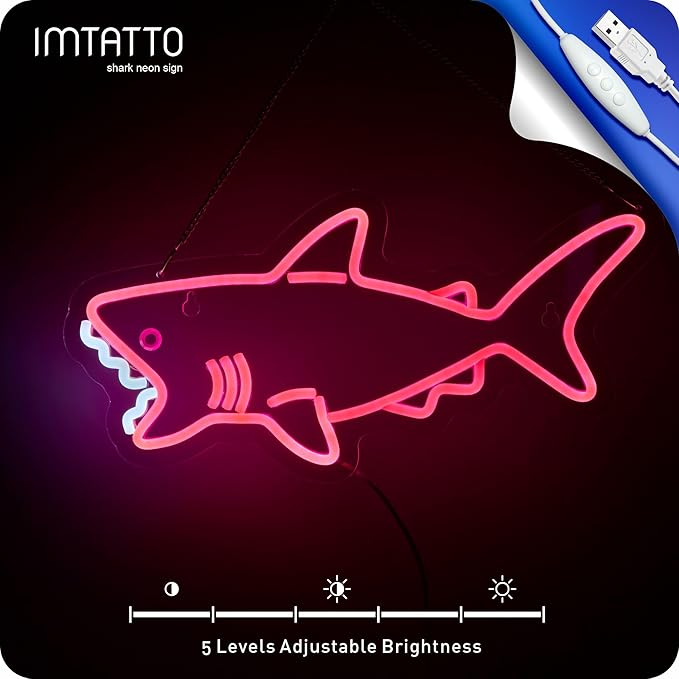 Pink shark neon sign for wall decor cute pink shark LED light wih Dimmer