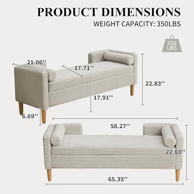 NIOIIKIT 65" Large Storage Ottoman Bench with 2 Pillows, Corduroy Upholstered Entryway Bench with Wood Leg, End of Bed Bench with Straight Armrest, Window Bench for Bedroom, Entryway (Light Grey)