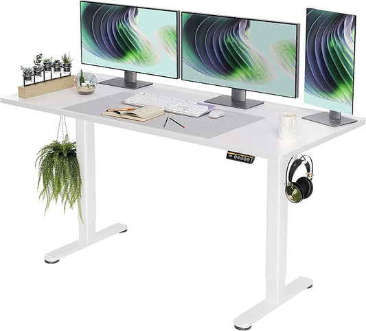 Claiks Electric Standing Desk, Adjustable Height Stand up Desk, 63x24 Inches Sit Stand Home Office Desk with Splice Board, White Frame/White Top
