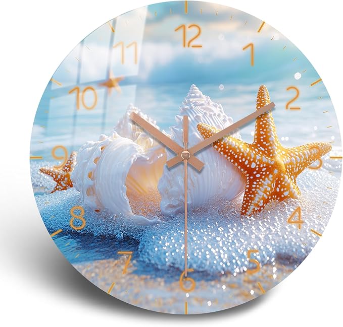 Coast Round Wall Clock 14 inch Wooden Beach Wall-Clock with Tempered Film Silent Analog Clock for Bedroom, Office, Living Room Decor