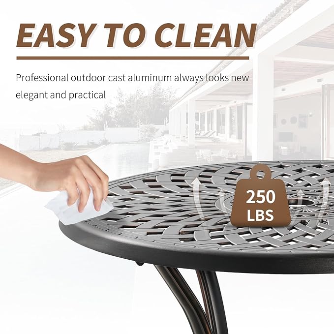 Cast Aluminum Patio Dining Set, Outdoor Bistro Set, 31.5" Round Outdoor Dining Table with Umbrella Hole, 2 Patio Chairs for Yard Porch Garden Balcony