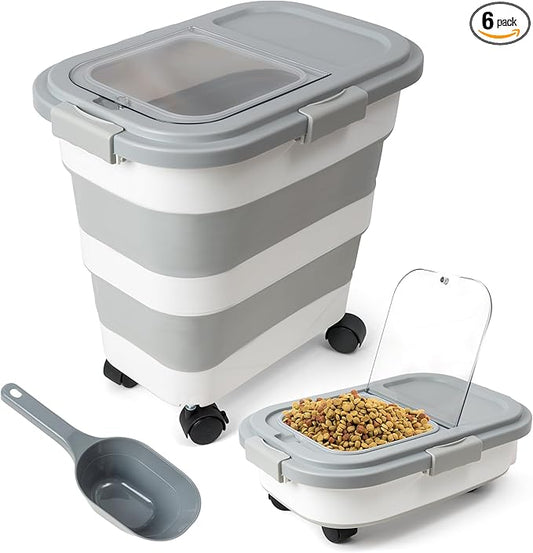 MALLMALL6 Pet Food Storage Container - Collapsible Dog Food Container with Spinner Wheels Scoop and Drying Box, Airtight Multifunctional Exlarge 20-50 LB Food Storage for Rice Cat Pet Kitchen Dry Food