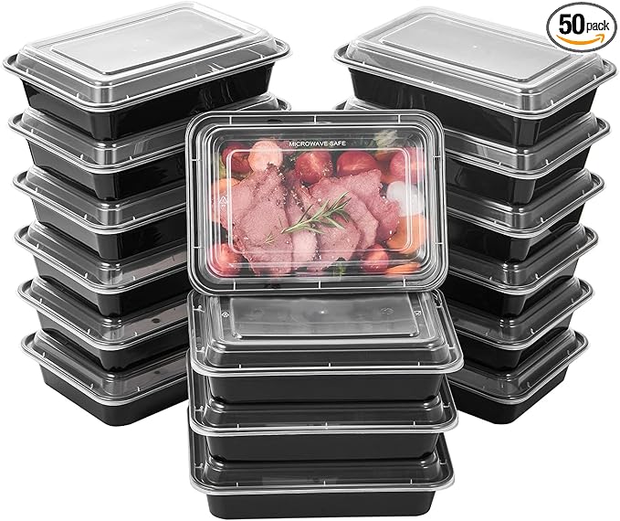 FULING 50 Pack Meal Prep Plastic Food Storage Containers With Lids 28 oz 1 Compartment Black Rectangular Reusable To Go Lunch Prepping Boxes BPA-Free Microwavable Freezer Dishwasher Safe Stackable