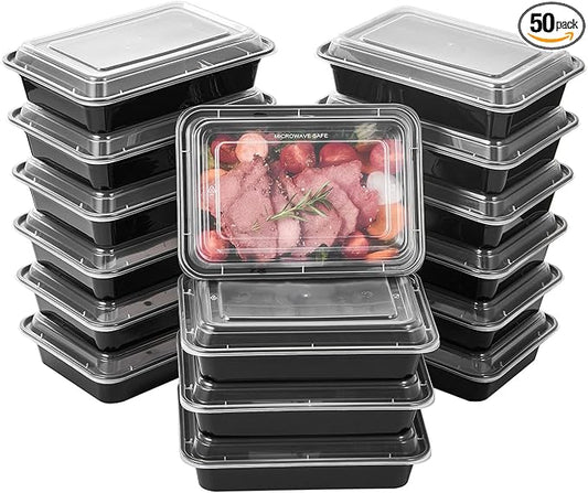 FULING 50 Pack Meal Prep Plastic Food Storage Containers With Lids 28 oz 1 Compartment Black Rectangular Reusable To Go Lunch Prepping Boxes BPA-Free Microwavable Freezer Dishwasher Safe Stackable