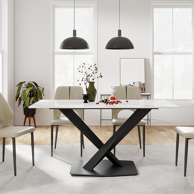 63" Modern Dining Table for 4-6 People, White Sintered Stone Table Top with X-Shape Carbon Steel Pedestal, Large Rectangular Table for Kitchen Living Room