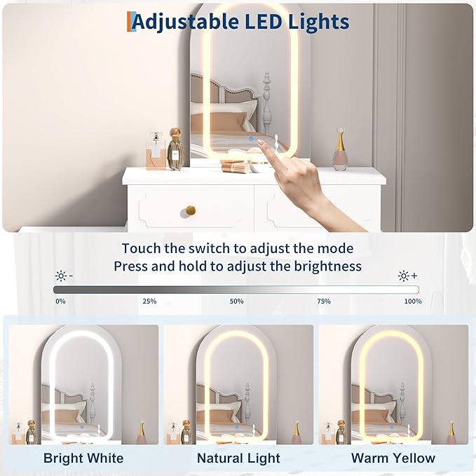 Garvee Makeup Vanity Desk with Mirror and Lights, Modern White Vanity Table with 2 Drawers & Adjustable 3-Drawer Cabinet, Wood Dressing Table for Bedroom