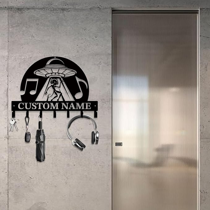 Personalized Custom Alien ET UFO Metal Wall Keys Hooks,Clothes Hooks Alien ET UFO Art Coat Racks,Door Holder,Black Alien ET Decorations for Home,Entrance Doors,Hallway, Bedroom,Keys,Hats (Style L)
