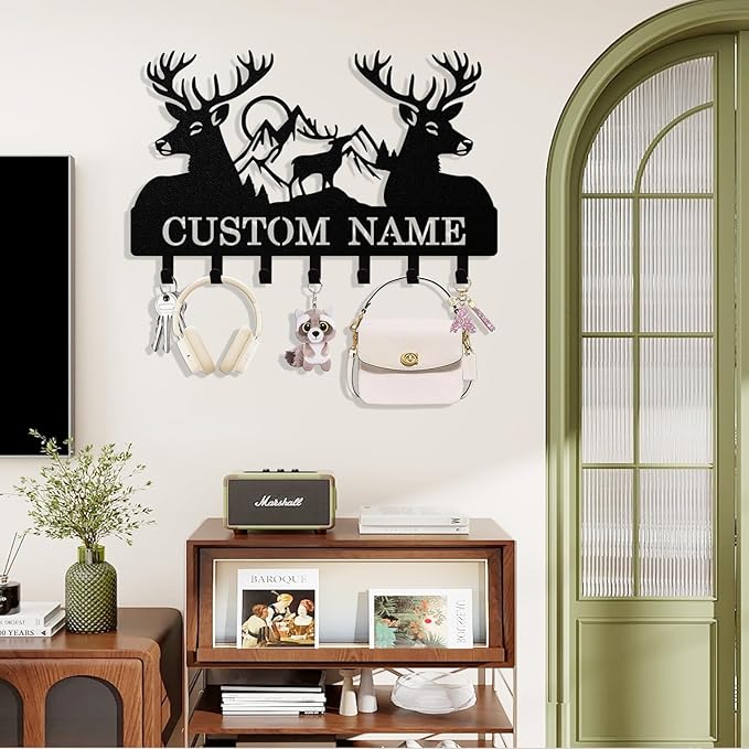 Personalized Deer Key Holder Wall Mount, Custom Metal Keys Hanger for Wall with Name, Custom Key Rack Holder with Hooks for Entryway, Front Door, Hallway, Living Room, Kitchen