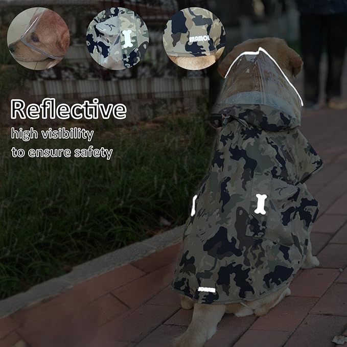 Waterproof Dog Raincoat, Adjustable Reflective Lightweight Pet Rain Clothes with Poncho Hood(X-Large,Camo)