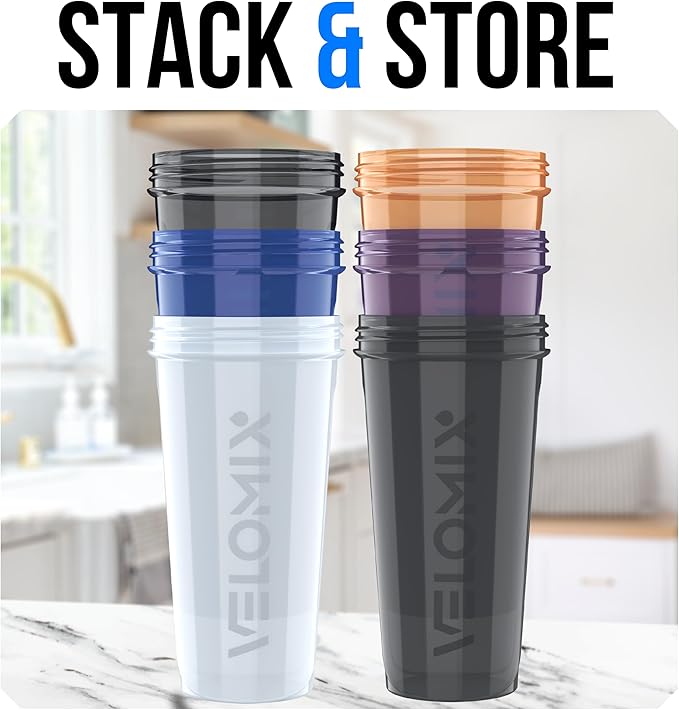 VELOMIX -6 PACK- 28 oz Protein Shaker Bottle for Protein Mixes - 6x Wire Whisk | Leak Proof Shaker Cups for Protein Shakes | Protein Shaker Bottle Pack | Protein Shake Cup (Elemental Mix)