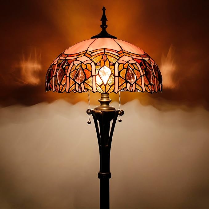 Tiffany Floor Lamp Pink Stained Glass Jewelry Standing Reading Light 16X16X70 Inches Antique Pole Corner Lamp Decor Bedroom Office Living Room