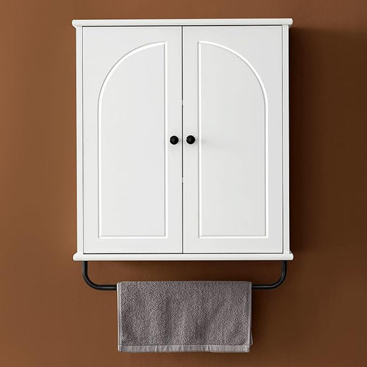 Bathroom Storage Cabinet with Adjustable Wood Shelves, Unique Arched Groove Design On The Door, Wall Mounted with Towels Bar, Over The Toilet Storage Cabinet with DTC Silent Buffering Hinge
