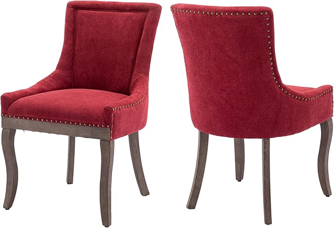 Farmhouse Dining Chairs Set of 2, Upholstered Fabric Dining Room Accent Chairs with Wood Legs & Bronze Nailhead, High Wingback Kitchen Chairs for Living Room Hotel Apartment, Burgundy