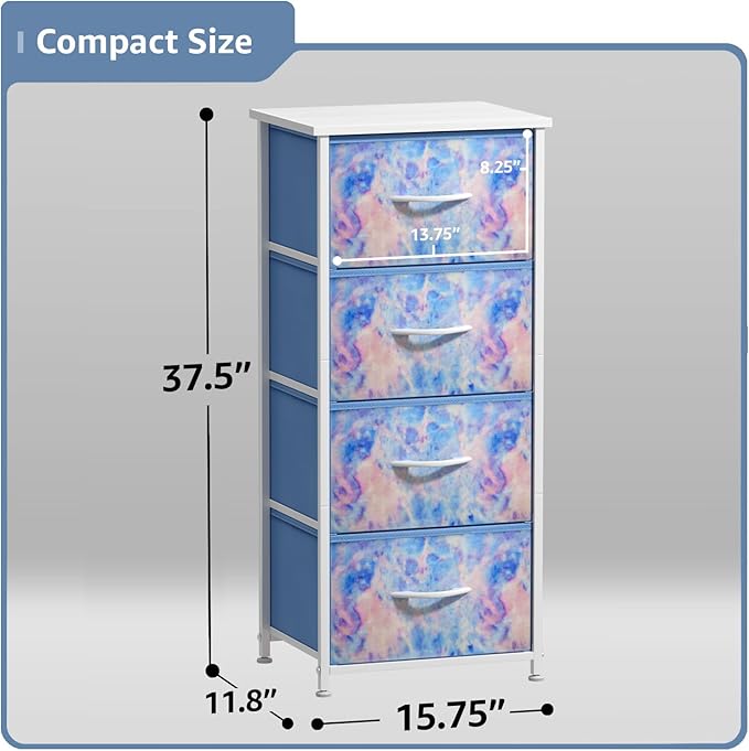 Sorbus Dresser Storage Tower, Organizer Drawers for Closet Boys & Girls Bedroom, Bedside Furniture, Chest for Home, College Dorm, Steel Frame, Wood Top, Tie-dye Fabric Bins (4-Drawer, Pastel Tie-dye)