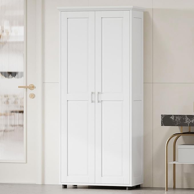 Tall Storage Cabinet with Two Doors for Bathroom, Kicthen or Living Room, 5 Tiers, Adjustable Shelf, Painted Finish, White