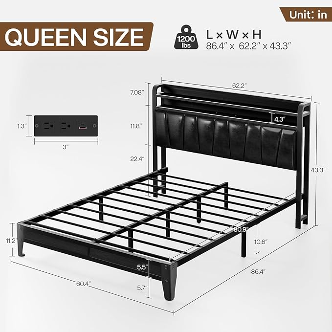 Queen Size Bed Frame with 2-Tier Storage Shelves, LED Bed Frame with PU Leather Headboard, Metal Platform Bed with Charging Station, Noise Free, No Box Spring Needed, Easy Assembly, Black