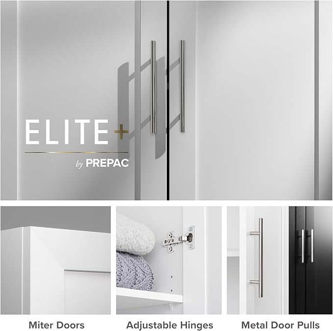 Prepac Elite 65" Tall Storage Cabinet with Panel Doors, Double Door Wood Kitchen Pantry, Dining Room Cupboard with 2 Adjustable and 1 Fixed Shelf, Free Standing Living Room Accent Cabinet, White