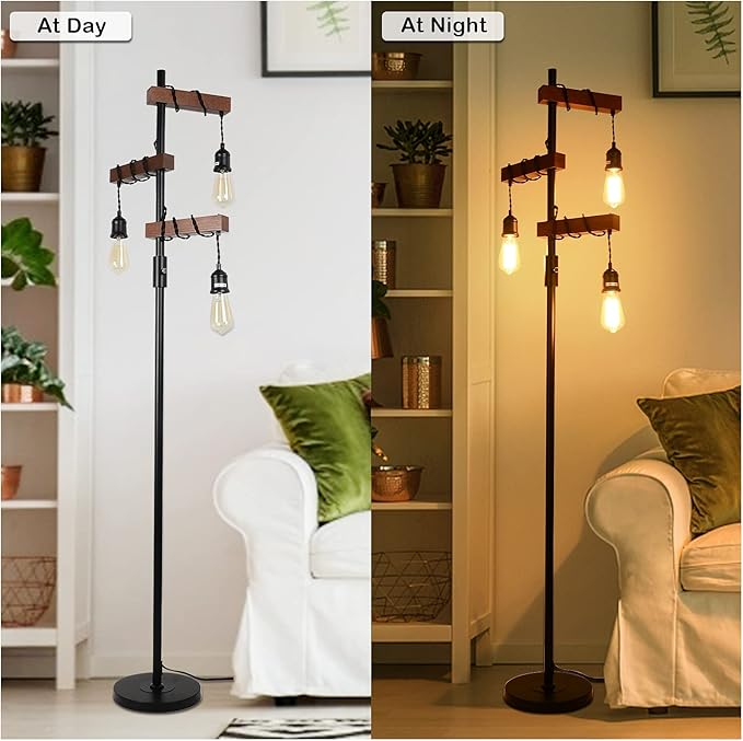 Airposta Industrial Floor Lamp, Farmhouse Tree 68 Inch 3 Lights Wood Standing Lamp, Sturdy Base Tall Vintage Metal Black Pole Light for Living Room Bedroom Office Rustic Home