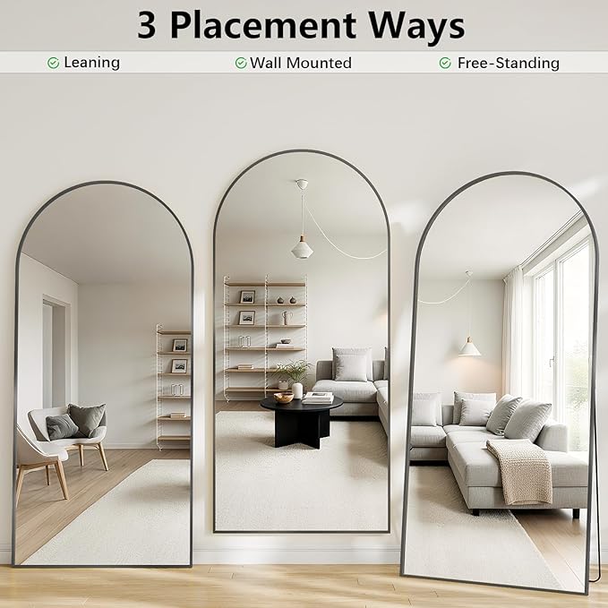 Large Full Length Mirror, 30"x71" Arched Floor Mirror Full Length with Stand, Room Decor Big Full Body Mirror with HD Tempered Glass Aluminum Frame for Bedroom Living Room, Black