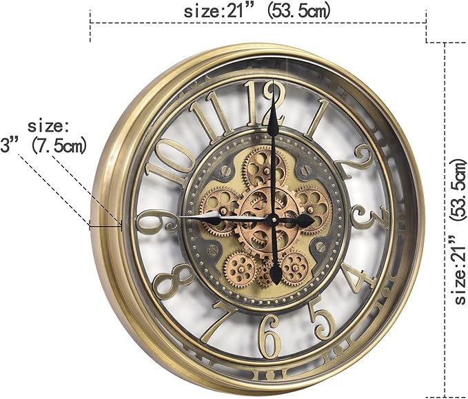 INFINITY TIME 21 Inch Moving Gears Wall Clock,Large Modern Decorative Wall Clocks for Living Room Decor,Brass Gold Roman Numeral