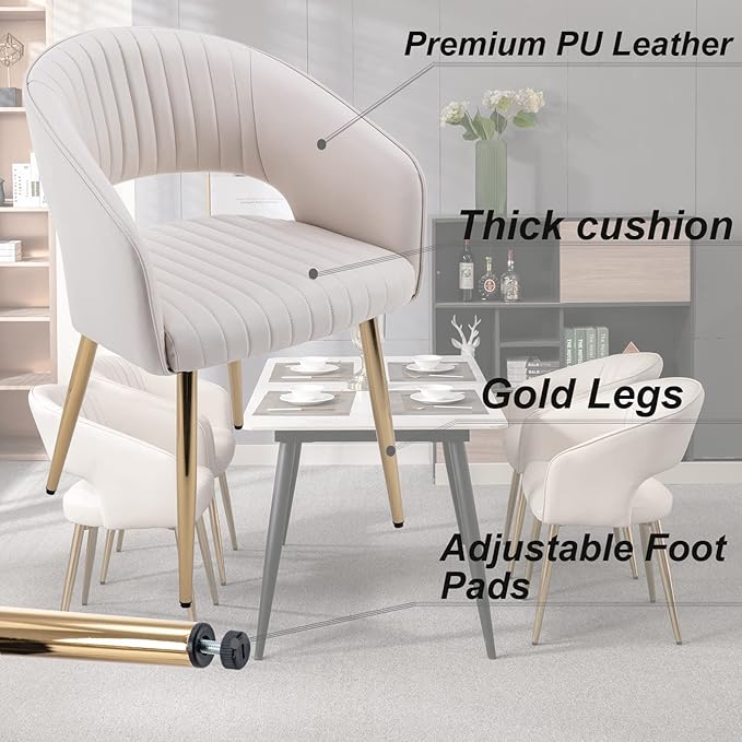 Modern Dining Chairs Set of 4, Upholstered PU Leather Gold Dining Room Chairs with Hollow Back, Accent Armrest Kitchen Chairs with Gold Legs for Living Room Cream
